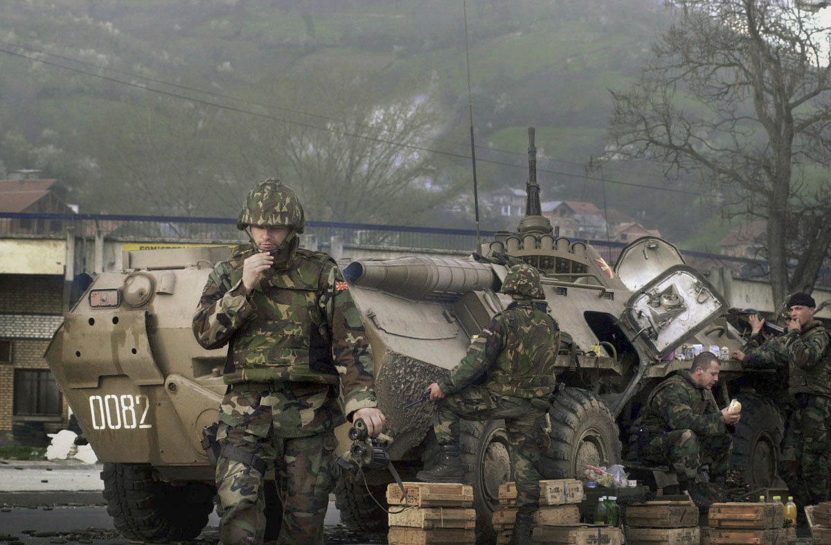 Macedonian soldiers at a checkpoint in Tetovo during a stand off with ethnic Albanian rebels.